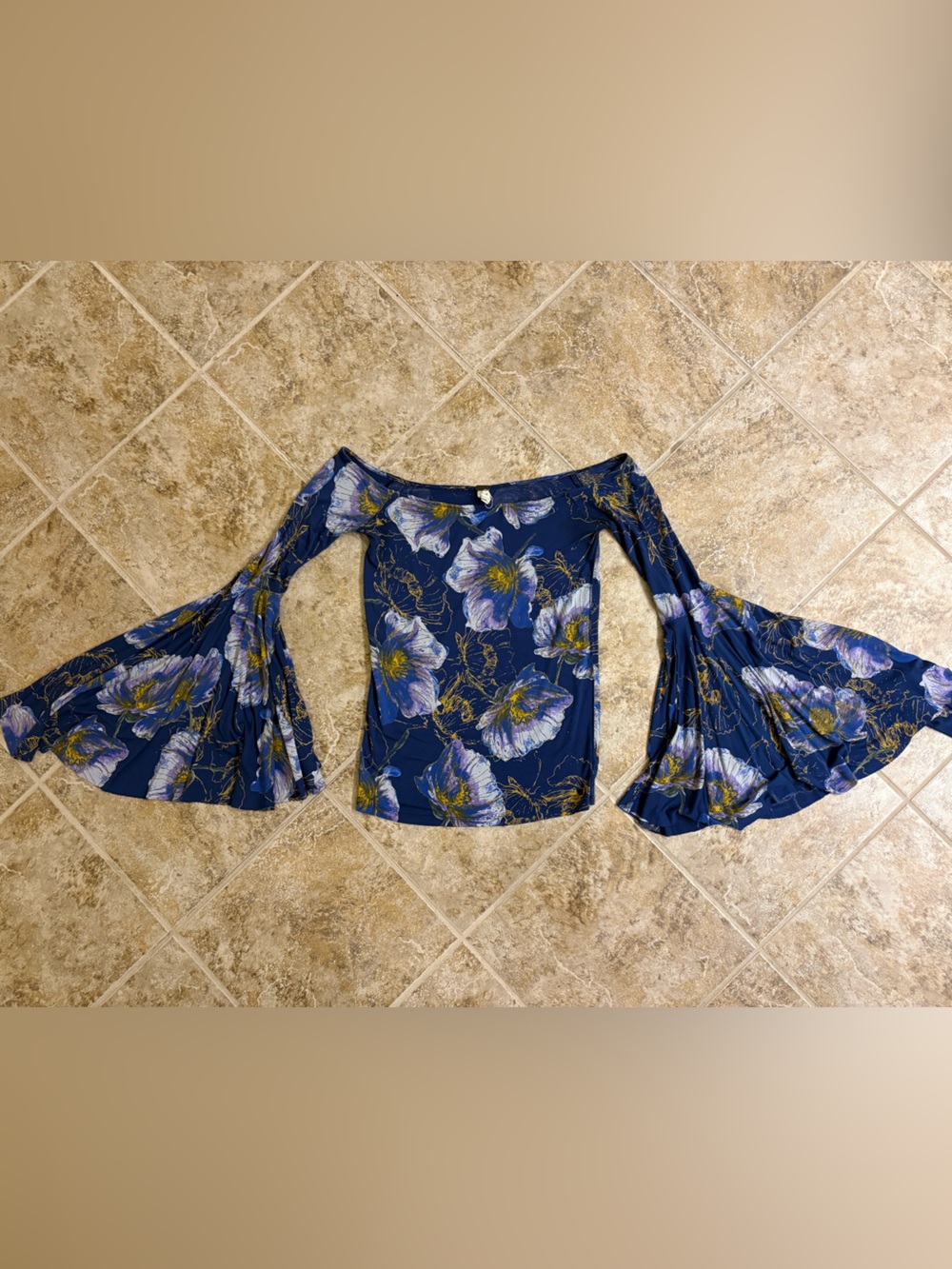 We The Free Navy Floral Off-Shoulder Bell Sleeve Top